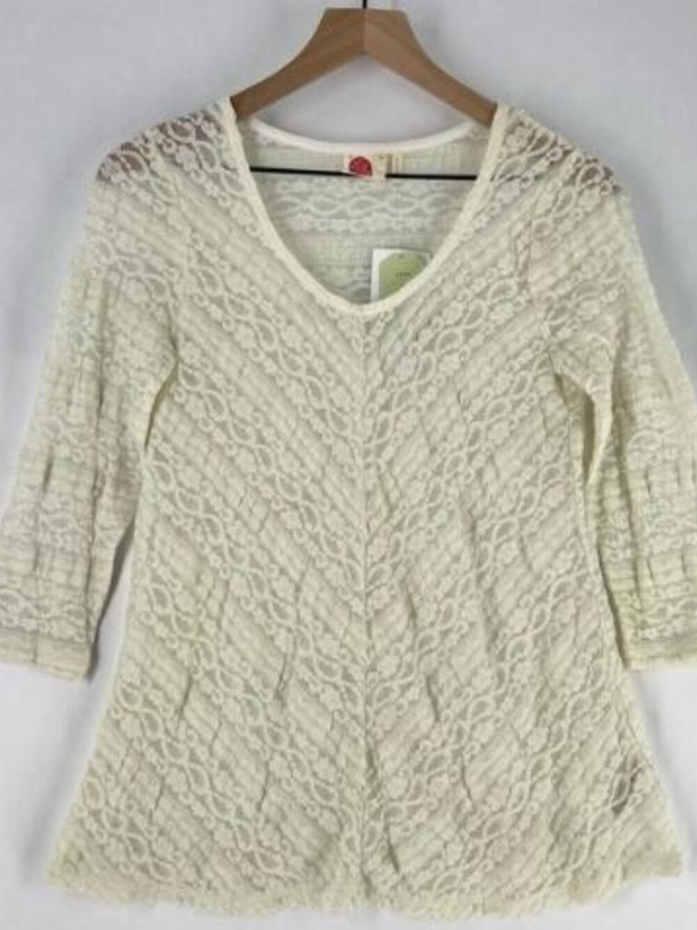 Anthropologie Lilka Ivory‎ Lace Stretch 3/4 Sleeve Swing Top Lightweight Sheer